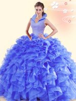 Backless High-neck Sleeveless Quinceanera Gowns Floor Length Beading and Ruffles Purple Organza