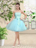 Aqua Blue Organza Lace Up Off The Shoulder Sleeveless Knee Length Quinceanera Dama Dress Lace and Belt(SKU BMT042E-1BIZ)
