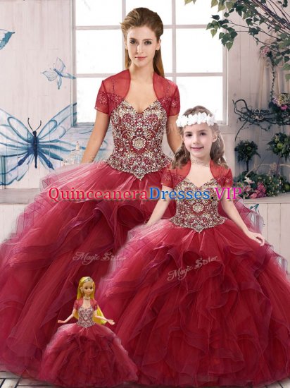 Trendy Burgundy Ball Gowns Tulle Off The Shoulder Sleeveless Beading and Ruffles Floor Length Lace Up Quinceanera Dress - Click Image to Close