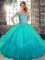 Sexy Sleeveless Floor Length Beading and Ruffles Lace Up Quinceanera Dress with Aqua Blue