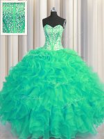 Visible Boning Beaded Bodice Organza Sleeveless Floor Length Party Dress for Girls and Beading and Ruffles