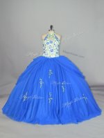 Enchanting Blue Sleeveless Floor Length Appliques and Embroidery Lace Up Ball Gown Prom Dress