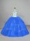 Enchanting Blue Sleeveless Floor Length Appliques and Embroidery Lace Up Ball Gown Prom Dress