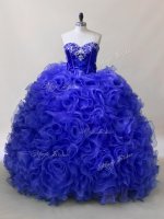 Popular Royal Blue Ball Gowns Sweetheart Sleeveless Fabric With Rolling Flowers Floor Length Lace Up Ruffles and Sequins Sweet 16 Dress