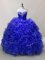 Popular Royal Blue Ball Gowns Sweetheart Sleeveless Fabric With Rolling Flowers Floor Length Lace Up Ruffles and Sequins Sweet 16 Dress