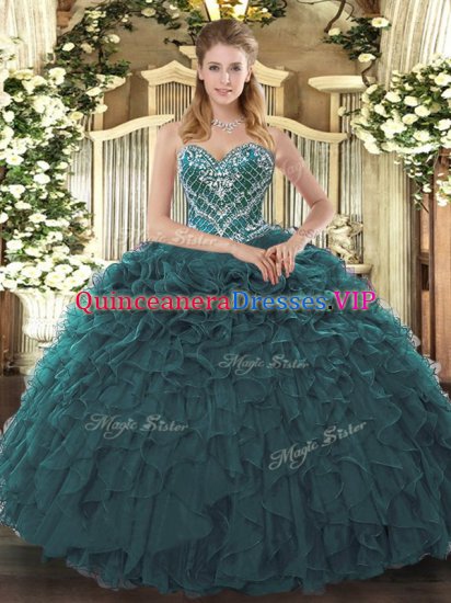 Fashionable Teal Ball Gowns Beading and Ruffled Layers Quinceanera Gowns Lace Up Tulle Sleeveless Floor Length - Click Image to Close