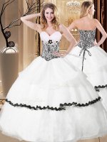 Sleeveless Floor Length Ruffled Layers and Pattern Lace Up Sweet 16 Dresses with White