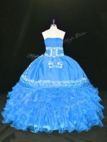 Delicate Embroidery and Ruffles Ball Gown Prom Dress Blue Lace Up Sleeveless Floor Length