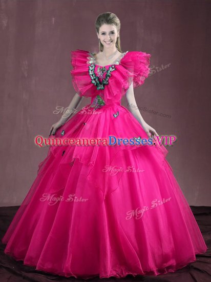 Hot Pink Organza Lace Up Sweet 16 Quinceanera Dress Sleeveless Floor Length Appliques and Ruffles - Click Image to Close