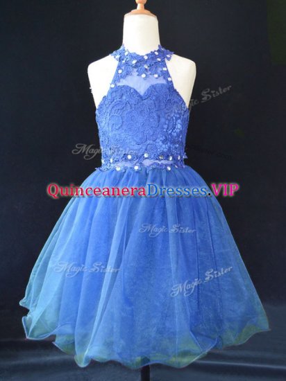 New Arrival Blue Lace Up Halter Top Beading and Lace Little Girls Pageant Gowns Organza Sleeveless - Click Image to Close