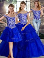 Customized Lace Up Quinceanera Dress Royal Blue for Military Ball and Sweet 16 and Quinceanera with Beading and Lace Brush Train