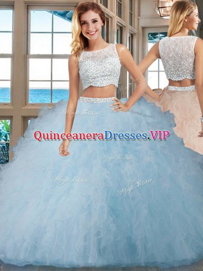 Stunning Tulle Bateau Sleeveless Side Zipper Beading and Ruffles Vestidos de Quinceanera in Light Blue - Click Image to Close