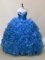Sleeveless Fabric With Rolling Flowers Floor Length Lace Up Quinceanera Gowns in Blue with Ruffles and Sequins