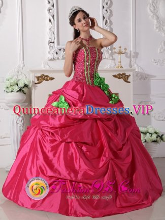 Hot Pink Hand Made Flowers Modest Quinceanera Dresses With Beading In Lindsborg Kansas/KS