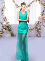 Captivating Sleeveless Tulle Floor Length Lace Up Court Dresses for Sweet 16 in Turquoise with Lace