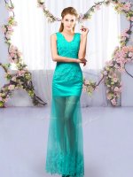 Captivating Sleeveless Tulle Floor Length Lace Up Court Dresses for Sweet 16 in Turquoise with Lace(SKU BMT0497-1BIZ)