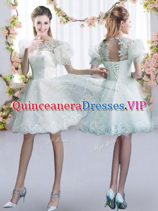 Sweet Short Sleeves Lace Up Mini Length Lace Dama Dress