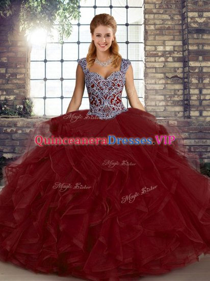 Beauteous Wine Red Lace Up Straps Beading and Ruffles Quinceanera Gown Tulle Sleeveless - Click Image to Close