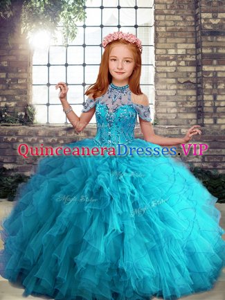 Enchanting Aqua Blue Ball Gowns Tulle Halter Top Sleeveless Beading and Ruffles Floor Length Lace Up Little Girls Pageant Dress Wholesale