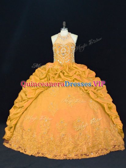 Shining Gold Sleeveless Floor Length Appliques Lace Up Ball Gown Prom Dress - Click Image to Close