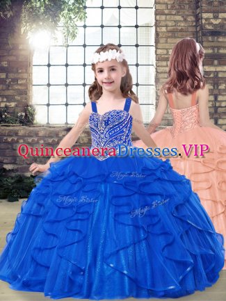 Low Price Royal Blue Tulle Lace Up Straps Sleeveless Floor Length Evening Gowns Beading and Ruffles