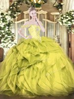 Olive Green Off The Shoulder Neckline Beading and Ruffles Quince Ball Gowns Sleeveless Lace Up