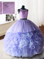 Brush Train Ball Gowns Sweet 16 Dresses Lavender Scoop Organza and Tulle and Lace Sleeveless With Train Zipper