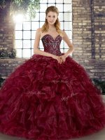 Customized Burgundy Lace Up 15th Birthday Dress Beading and Ruffles Sleeveless Floor Length