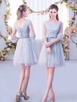 Grey Half Sleeves Lace Mini Length Dama Dress for Quinceanera
