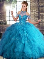 Halter Top Sleeveless Tulle Ball Gown Prom Dress Beading and Ruffles Lace Up