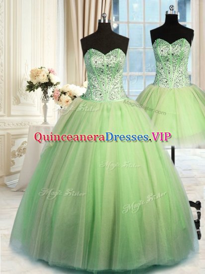 Charming Three Piece Yellow Green Ball Gowns Sweetheart Sleeveless Tulle Floor Length Lace Up Beading 15th Birthday Dress - Click Image to Close