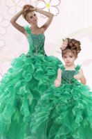Spectacular Green Lace Up One Shoulder Beading and Ruffles Ball Gown Prom Dress Organza Sleeveless