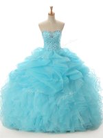 Delicate Aqua Blue Ball Gowns Beading and Ruffled Layers 15th Birthday Dress Lace Up Organza Sleeveless Floor Length(SKU SWQD207BIZ)