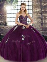 Fashion Floor Length Dark Purple Quince Ball Gowns Tulle Sleeveless Beading and Appliques