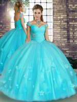 Fashionable Aqua Blue Lace Up Off The Shoulder Beading and Appliques Sweet 16 Dresses Tulle Sleeveless