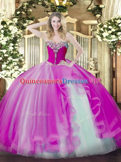 Stunning Sleeveless Tulle Floor Length Lace Up Sweet 16 Dress in Fuchsia with Beading and Ruffles - Click Image to Close
