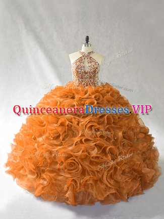 Orange and Brown Lace Up Halter Top Beading and Ruffles Sweet 16 Dresses Organza Sleeveless Brush Train