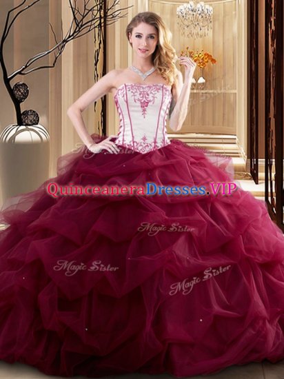 Wine Red Sleeveless Floor Length Embroidery and Ruffled Layers Lace Up Quinceanera Gowns - Click Image to Close