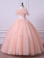 Off The Shoulder Short Sleeves Ball Gown Prom Dress Floor Length Lace and Appliques Peach Tulle