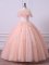 Off The Shoulder Short Sleeves Ball Gown Prom Dress Floor Length Lace and Appliques Peach Tulle