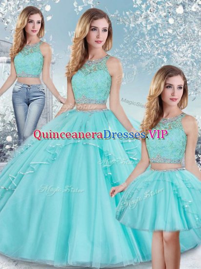 Sophisticated Aqua Blue Sleeveless Tulle Clasp Handle Military Ball Dresses for Military Ball and Sweet 16 and Quinceanera - Click Image to Close