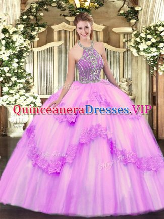 Sleeveless Tulle Floor Length Lace Up Quinceanera Dresses in Lilac with Beading and Appliques