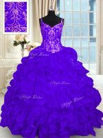 Delicate Spaghetti Straps Sleeveless Quinceanera Gowns Brush Train Beading and Embroidery and Ruffles and Pick Ups Purple Organza(SKU PSSW0311-6BIZ)
