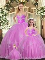 Lilac Lace Up Ball Gown Prom Dress Beading and Appliques Sleeveless Floor Length