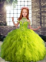 Sleeveless Floor Length Beading and Ruffles Lace Up Pageant Gowns For Girls with Yellow Green