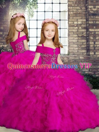 Tulle Straps Sleeveless Lace Up Beading and Ruffles Little Girl Pageant Gowns in Fuchsia