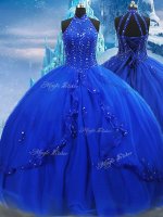 Royal Blue Quinceanera Gowns Military Ball and Sweet 16 and Quinceanera with Beading and Ruffles High-neck Sleeveless Brush Train Lace Up
