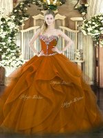 Brown Lace Up Sweetheart Beading and Ruffles Sweet 16 Dresses Tulle Sleeveless