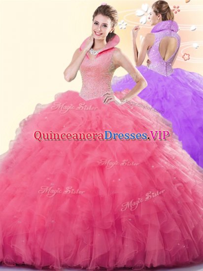 Sophisticated Coral Red Sleeveless Tulle Backless Sweet 16 Dress for Military Ball and Sweet 16 and Quinceanera - Click Image to Close