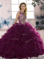 Dark Purple Ball Gowns Organza Scoop Sleeveless Beading and Ruffles Floor Length Lace Up Quinceanera Dresses